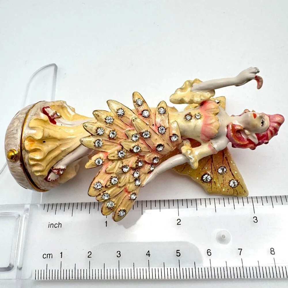Flamingo Fairy Trinket Box Yellow Wings  Rhinestone Accents Enamel Metal #2